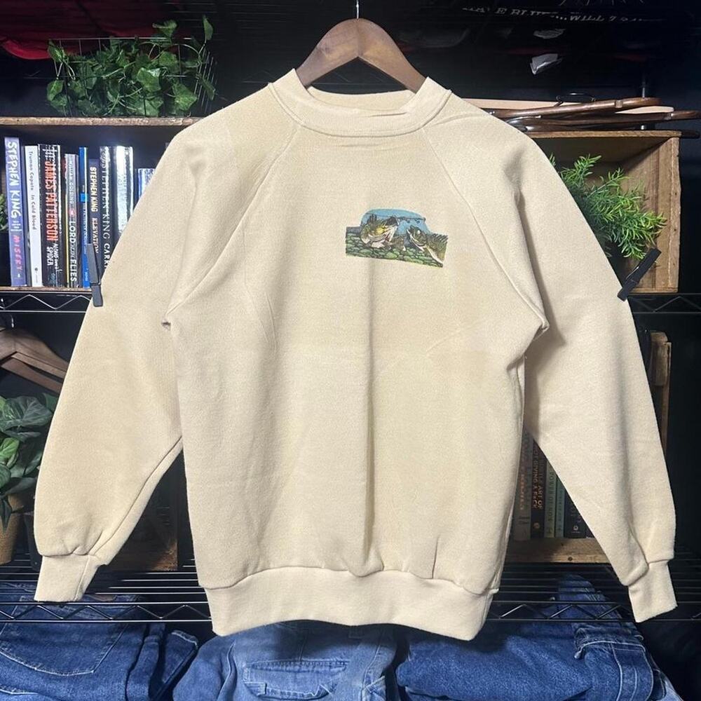 Vintage 80s 90s Bass Fish Crewneck Tan Brown Nature Animal Print Sweatshirt